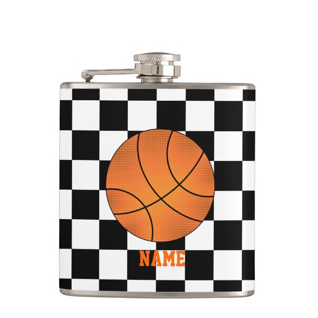 Personalised name basketball black white checkers hip flask (Front)