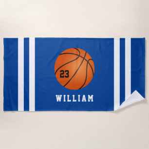 Personalised Name Basketball Blue Stripes Beach Towel