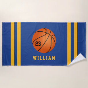 Personalised Name Basketball Blue Yellow Stripes Beach Towel