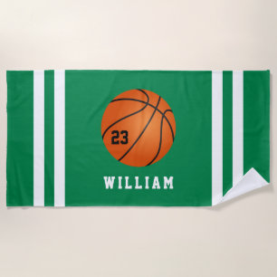 Personalised Name Basketball Green Stripes Beach Towel