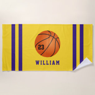 Personalised Name Basketball Yellow Purple Stripes Beach Towel