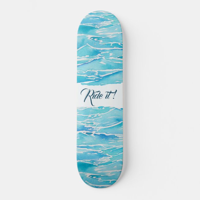 Personalised Name Beach Waves Watercolor beach Skateboard (Front)