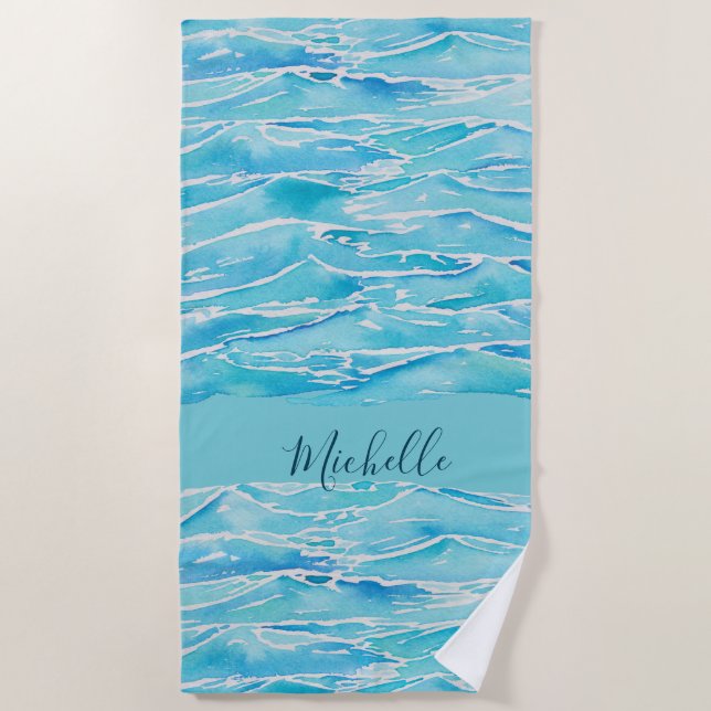 Personalised Name Beach Waves Watercolor Novelty Towel (Front)