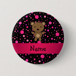 Personalised name bear black pink polka dots 6 cm round badge