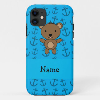 Personalised name bear blue anchors pattern iPhone 11 case