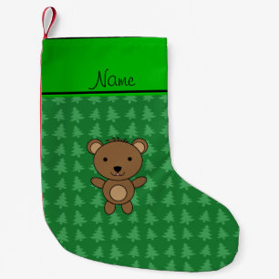 Personalised name bear green christmas trees small christmas stocking