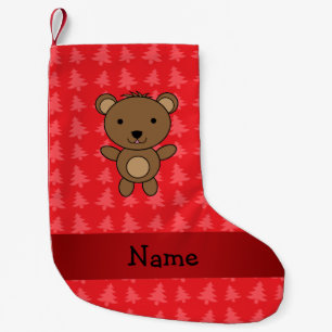 Personalised name bear red christmas trees small christmas stocking