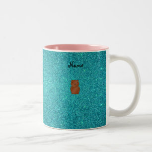 Personalised name bear turquoise glitter Two-Tone coffee mug