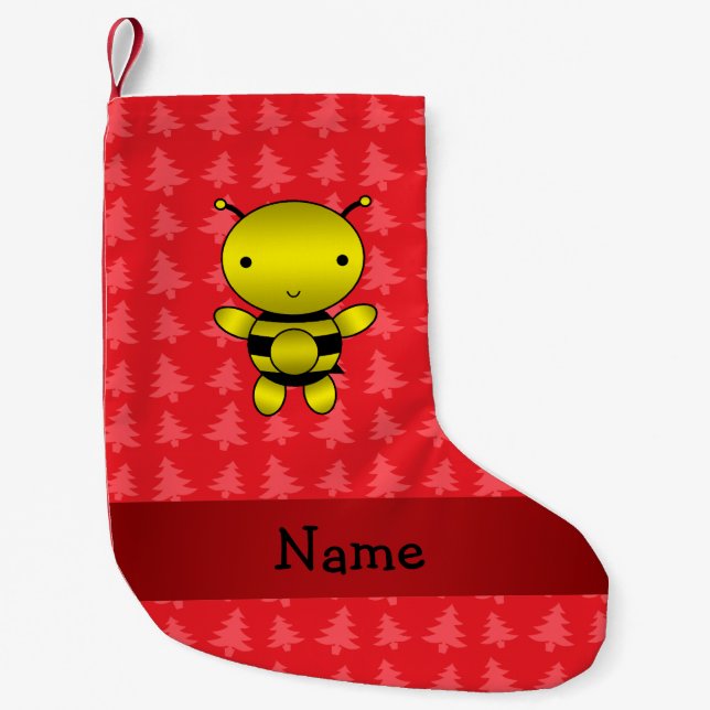 Personalised name bee red christmas trees small christmas stocking (Front)