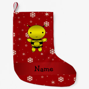Personalised name bee red snowflakes small christmas stocking