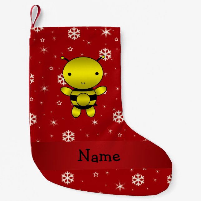 Personalised name bee red snowflakes small christmas stocking (Front)