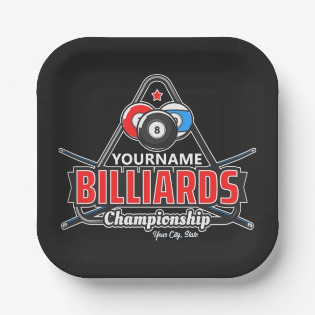 Personalised NAME Billiards 8 Ball Pool Cue Rack  Paper Plate (Front)