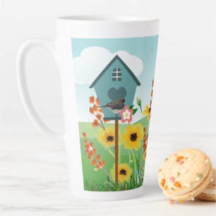 Personalised Name / Birdhouse and Flower Garden  L Latte Mug