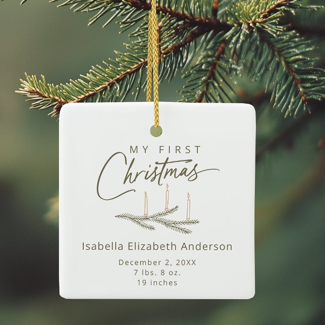 Personalised Name Birth Stats My First Christmas Ceramic Ornament (Shown on a Ceramic Square Ornament)