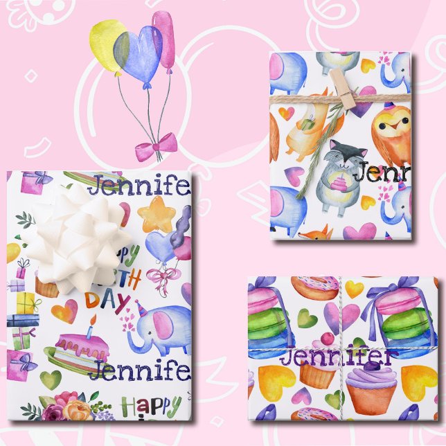 Personalised Name Birthday Balloons Cake Gifts 3 Wrapping Paper Sheet (Creator Uploaded)