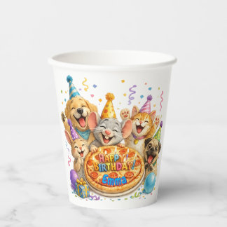 Personalised Name Birthday Pizza Party Animals Paper Cups