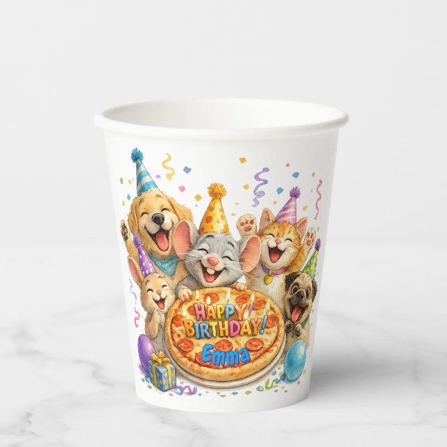 Personalised Name Birthday Pizza Party Animals  Paper Cups (Front)