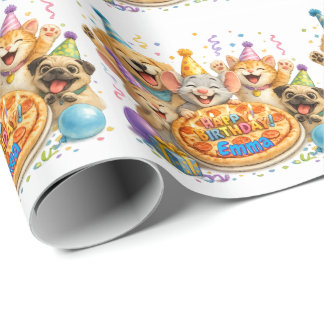 Personalised Name Birthday Pizza Party Animals Wrapping Paper