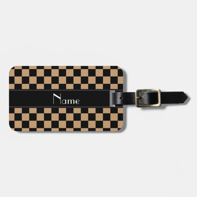 Personalised name black and brown checkers luggage tag (Front Horizontal)
