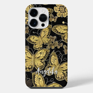 Personalised Name Black and Gold Butterflies iPhone 14 Pro Max Case