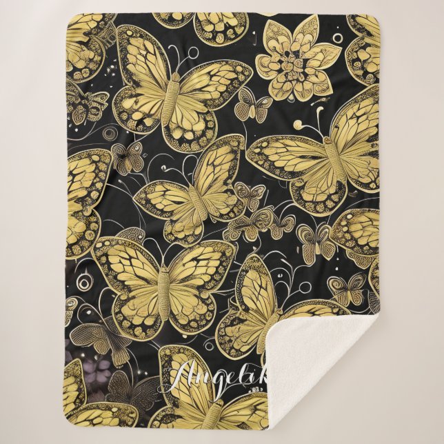  Personalised Name Black and Gold Butterflies  Sherpa Blanket (Front)