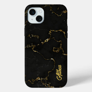 Personalised Name Black and Gold Marbled  iPhone 15 Mini Case