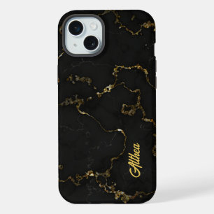 Personalised Name Black and Gold Marbled iPhone 15 Plus Case