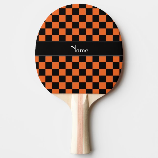 Personalised name black and orange checkers ping pong paddle (Front)