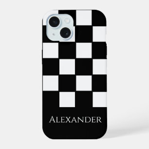 Personalised Name Black and White Check iPhone 15 Case
