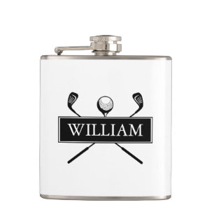 Personalised Name Black And White Clubs And Ball Hip Flask