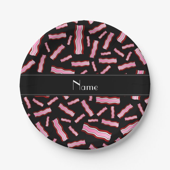 Personalised name black bacon pattern paper plate (Front)