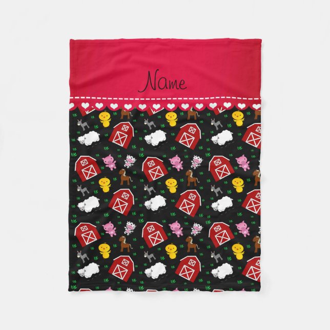 Personalised name black barn animals fleece blanket (Front)