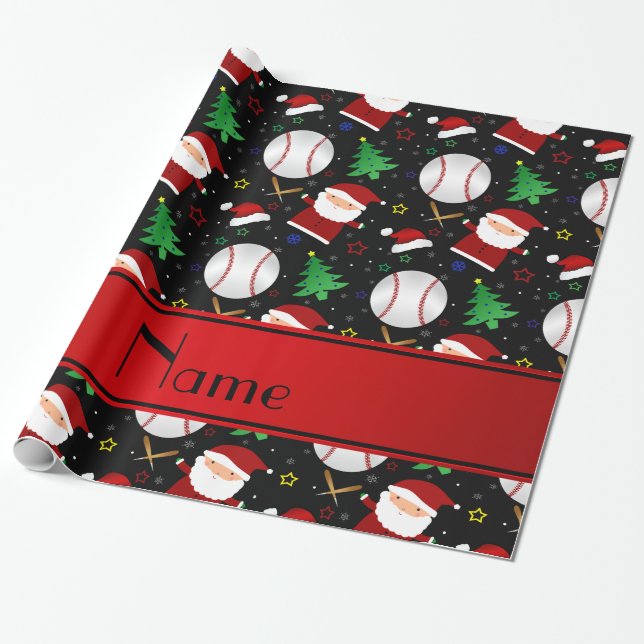 Personalised name black baseball christmas wrapping paper (Unrolled)