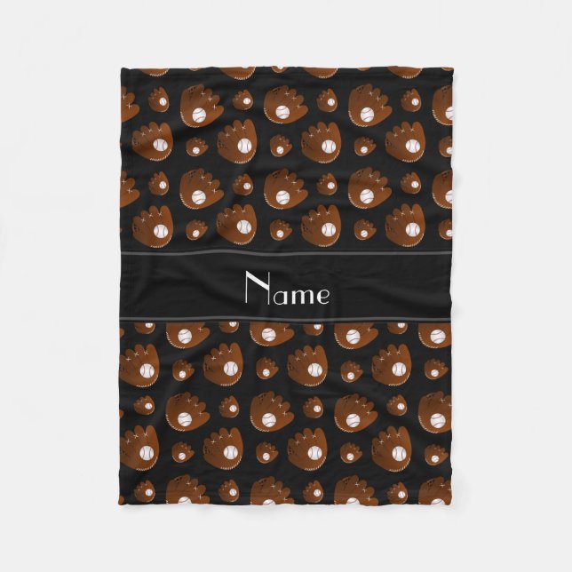 Personalised name black baseball gloves balls fleece blanket (Front)