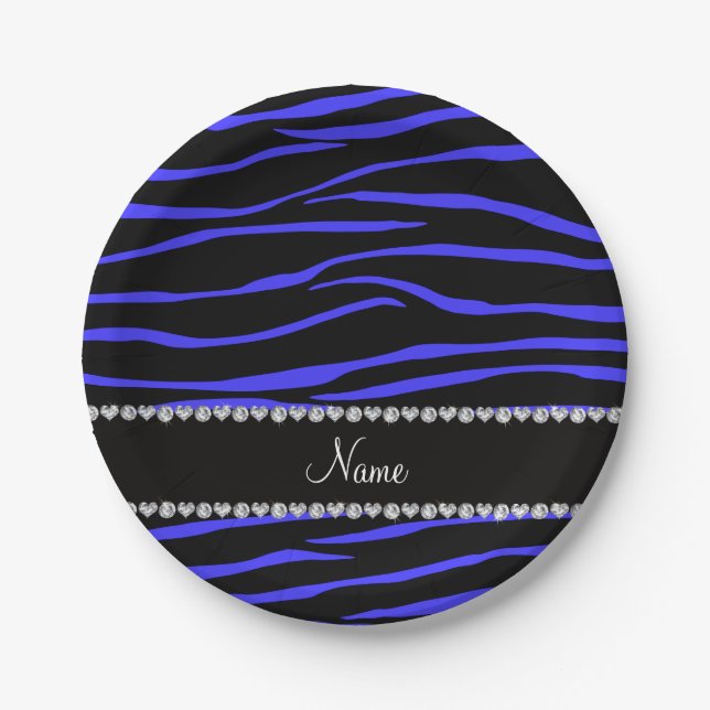 Personalised name black blue zebra stripes paper plate (Front)