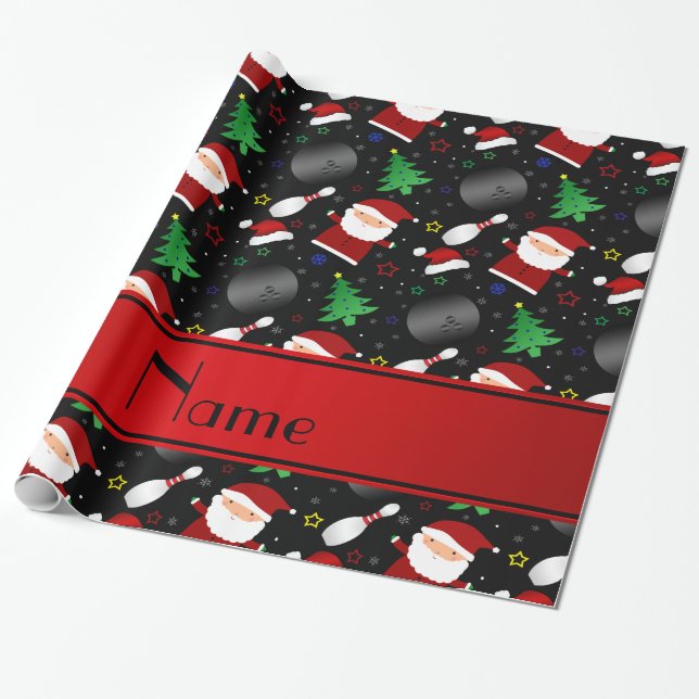 Personalised name black bowling christmas pattern wrapping paper (Unrolled)