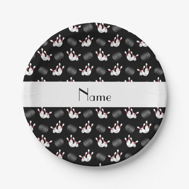 Personalised name black bowling pattern paper plate (Front)