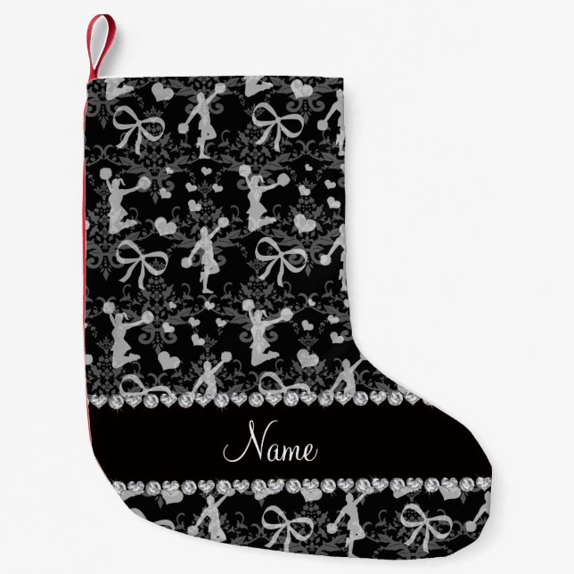 Personalised name black cheerleading damask small christmas stocking (Front)