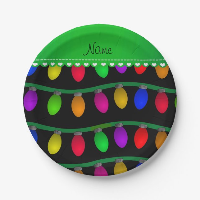 Personalised name black christmas lights paper plate (Front)