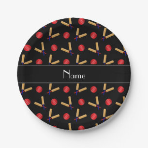 Personalised name black cricket pattern paper plate