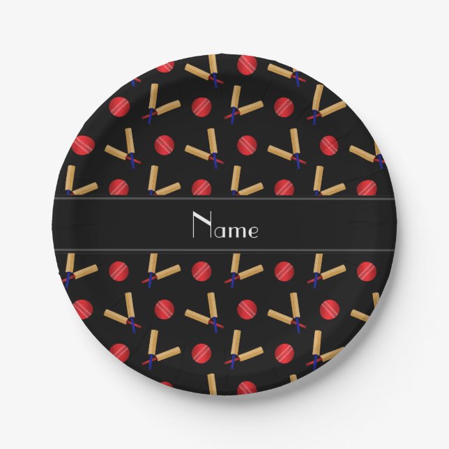 Personalised name black cricket pattern paper plate (Front)