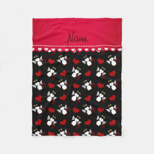 Personalised name black cupid penguins red hearts fleece blanket
