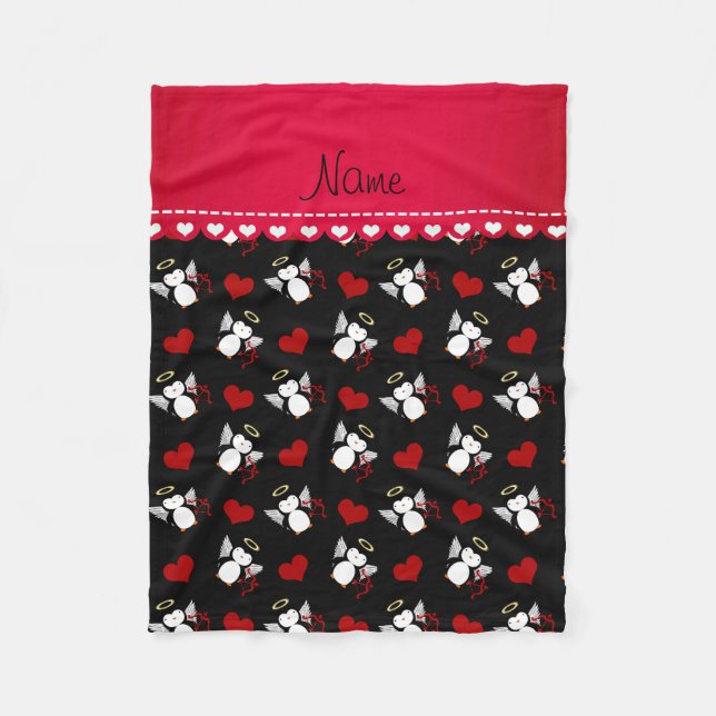 Personalised name black cupid penguins red hearts fleece blanket (Front)