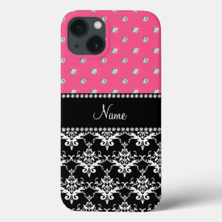 Personalised name black damask pink diamonds iPhone 13 case