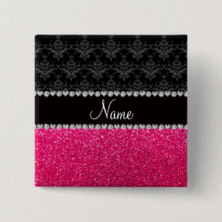 Personalised name black damask pink glitter 15 cm square badge