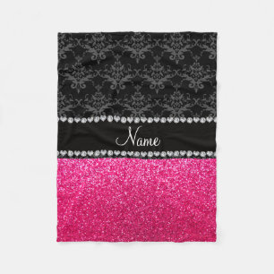 Personalised name black damask pink glitter fleece blanket