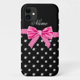 Personalised name black diamonds pink bow Case-Mate iPhone case