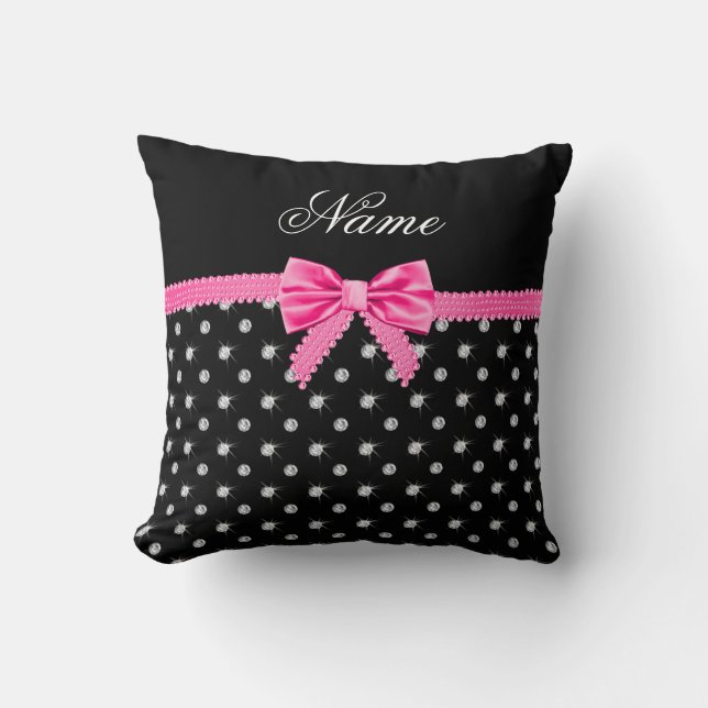 Personalised name black diamonds pink bow cushion (Front)