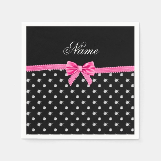 Personalised name black diamonds pink bow napkin (Front)
