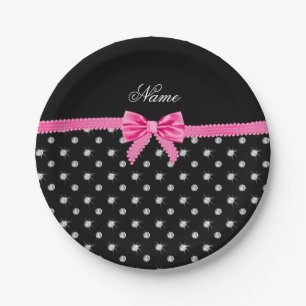 Personalised name black diamonds pink bow paper plate